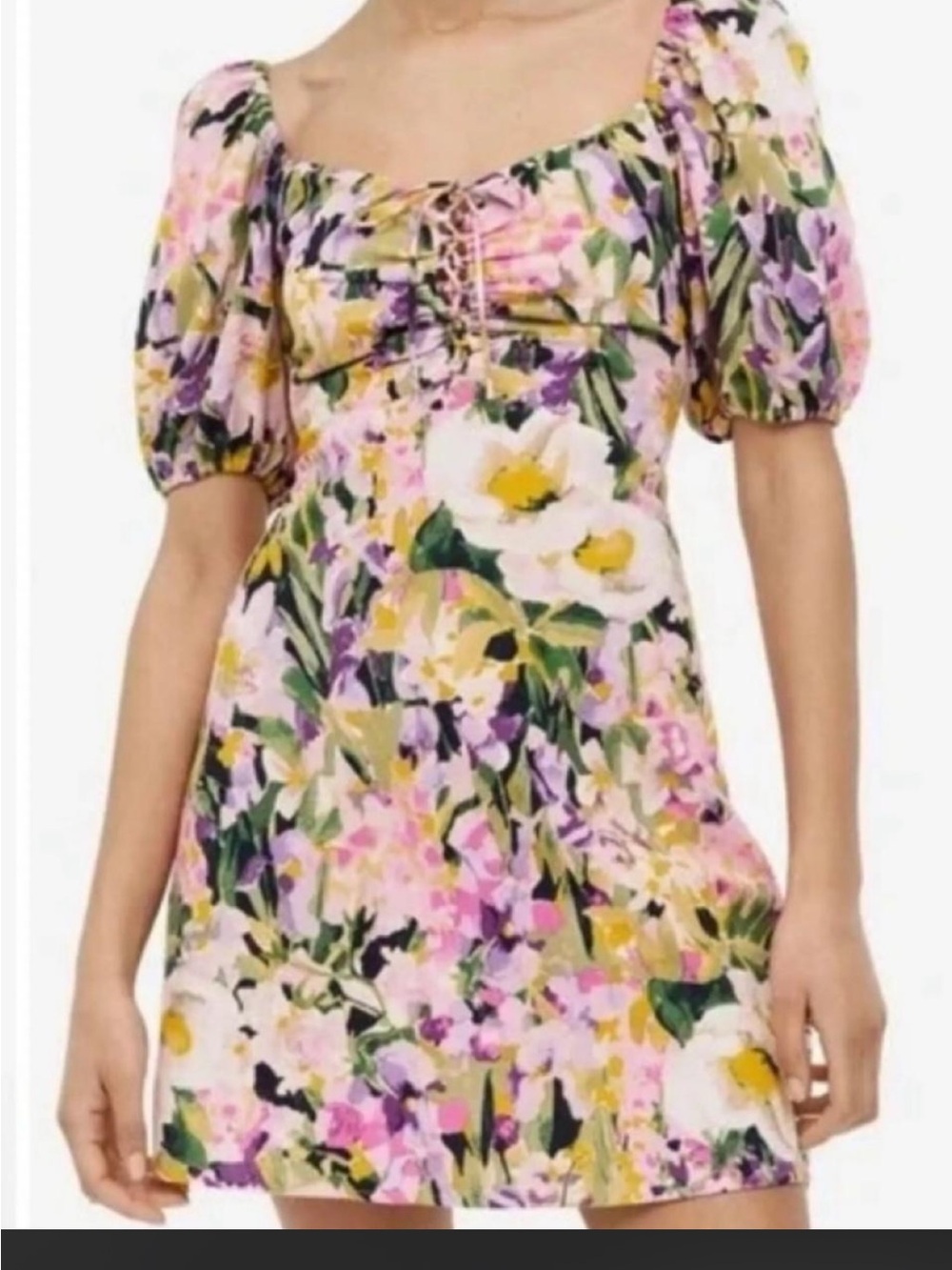 H&M Floral Puff-Sleeve Tunic Top - Pink, Yellow & Green